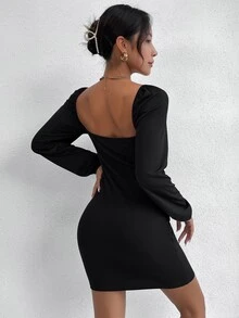Vestido ajustado fruncido escote corazón tejido de canalé - Negro - Ver 2