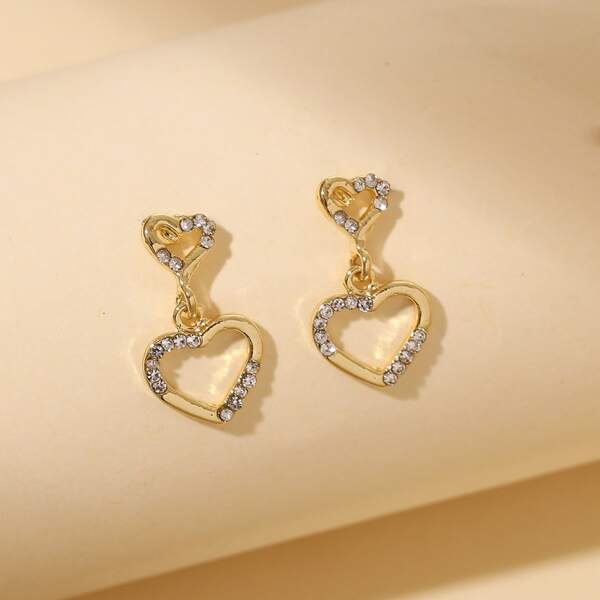 

Rhinestone Decor Heart Drop Earrings, Gold