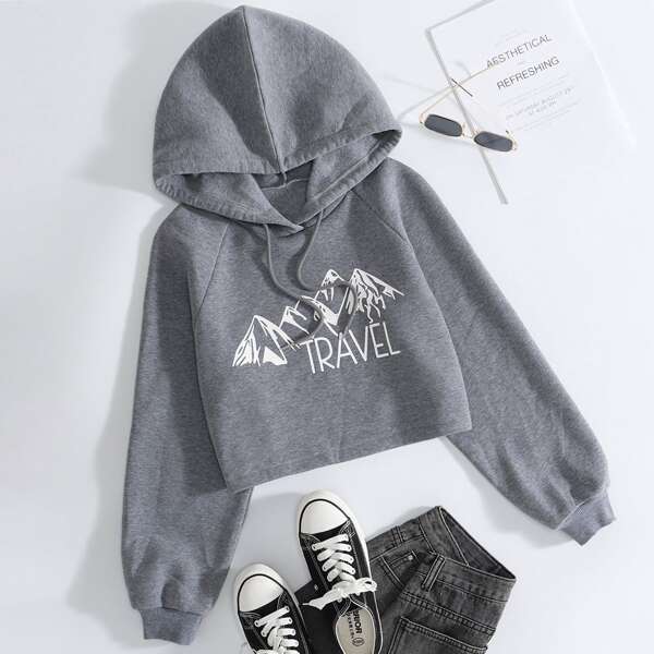 

Mountain & Letter Graphic Raglan Sleeve Thermal Drawstring Hoodie, Dark grey