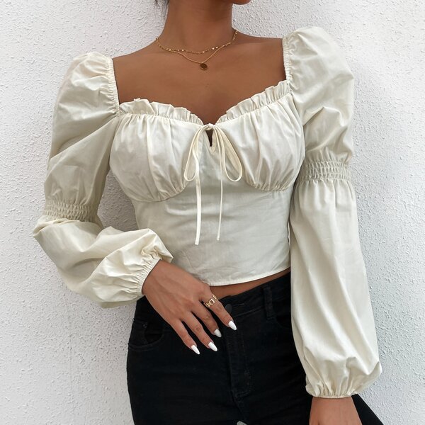 

Короткая блуза с глубоким декольте с рукавами-фонариками, Aбрикосовый