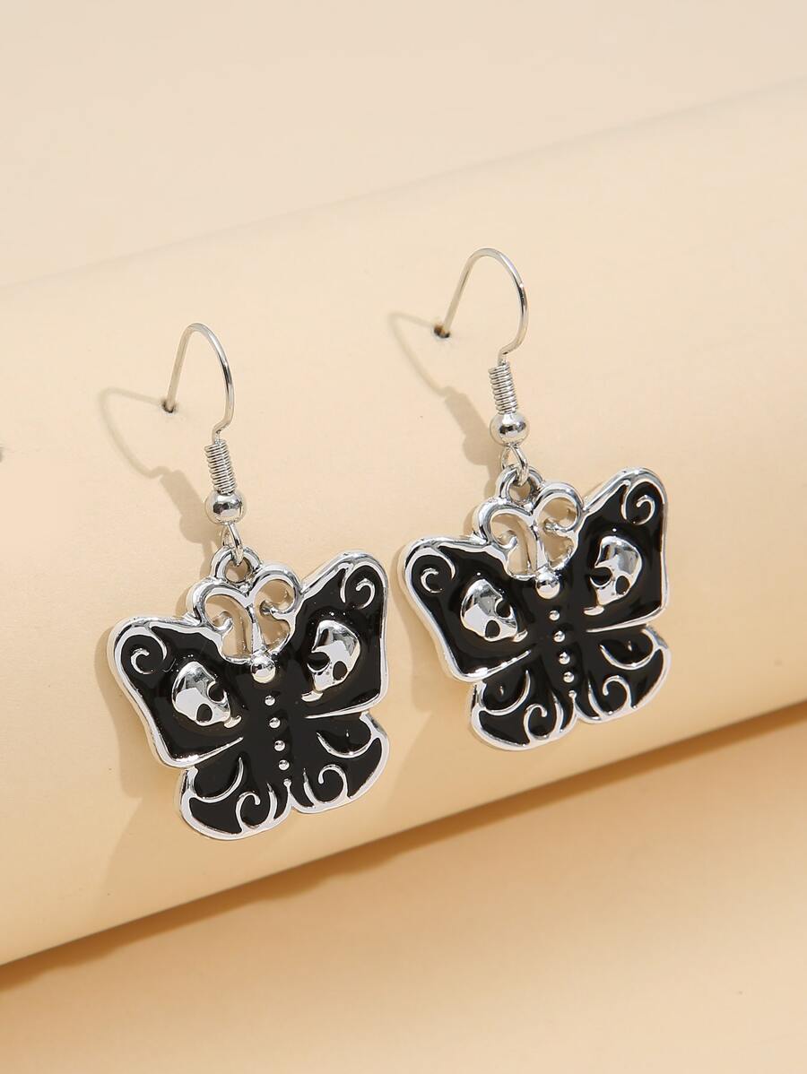 Halloween Skull & Butterfly Decor Drop Earrings - Black - View 1