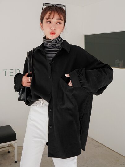 Drop Shoulder Pocket Patched Blouse,Long Sleeve Tops,Fall Clothes