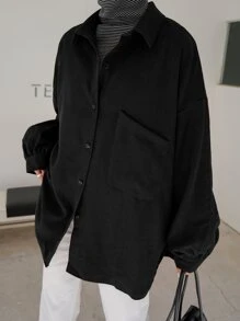 DAZY Áo cánh vá túi trễ vai, áo dài tay, quần áo mùa thu - màu đen - Xem 4