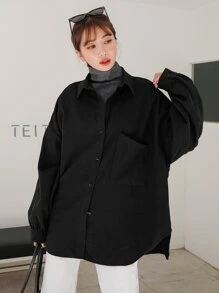 DAZY Áo cánh vá túi trễ vai, áo dài tay, quần áo mùa thu - màu đen - Xem 5