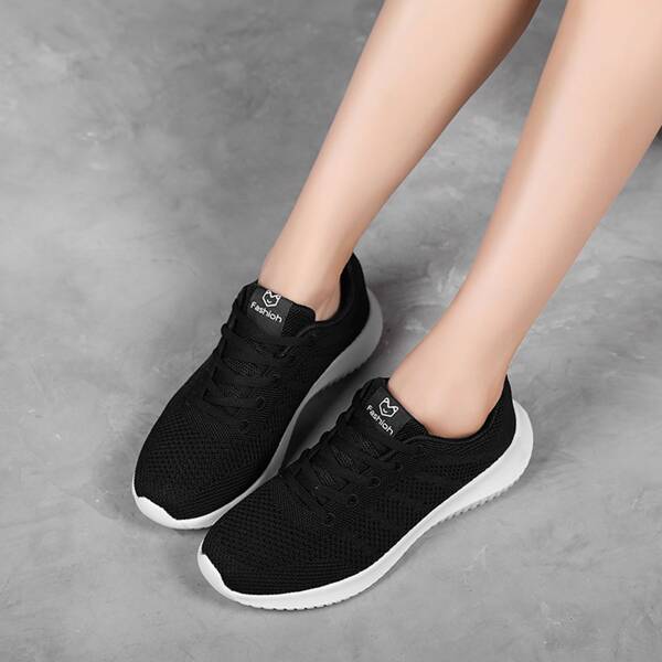 

Letter Patch Knit Detail Lace-up Front Sneakers, Black