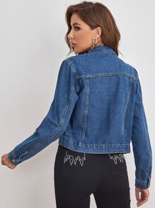 SHEIN Essnce Medium Wash Button Front Denim Jacket - Medium Wash - View 2