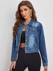 SHEIN Essnce Medium Wash Button Front Denim Jacket - Medium Wash - View 5