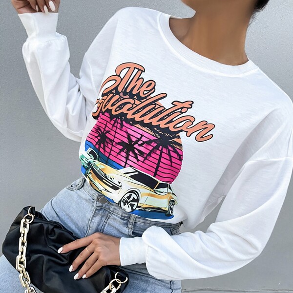 

Letter & Car Print Drop Shoulder Pullover, White