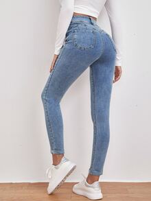 High Waist Slant Pocket Skinny Jeans - Medium Wash - View 2