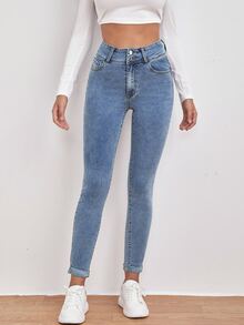 High Waist Slant Pocket Skinny Jeans - Medium Wash - View 3