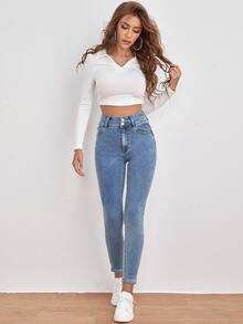 High Waist Slant Pocket Skinny Jeans - Medium Wash - View 4