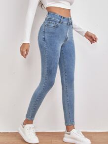 High Waist Slant Pocket Skinny Jeans - Medium Wash - View 5