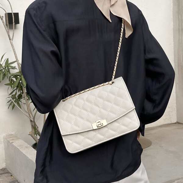 

Quilted Embossed Turn Lock Chain Bag, White