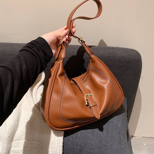 

Minimalist Buckle Decor Baguette Bag, Brown