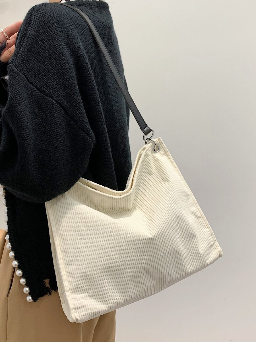 Minimalist Corduroy Shoulder Bag - Beige - View 1