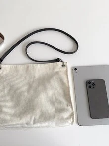 Minimalist Corduroy Shoulder Bag - Beige - View 5