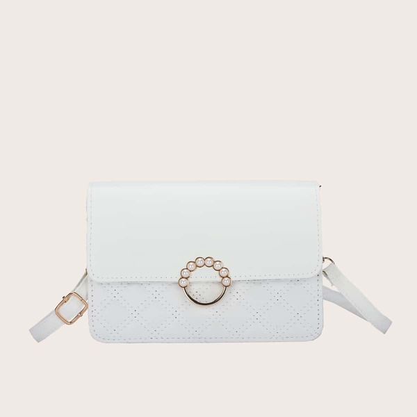 

Quilted Pattern Faux Pearl Decor Square Bag, White