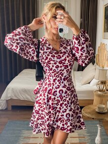 Vestido cruzado con estampado de leopardo de manga farol bajo con fruncido - Multicolor - Ver 1