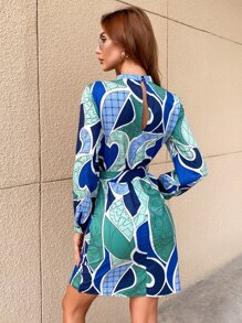 SHEIN Unity 滿版印花鎖脖領口繫腰帶連衣裙 - 彩色 - 查看 2