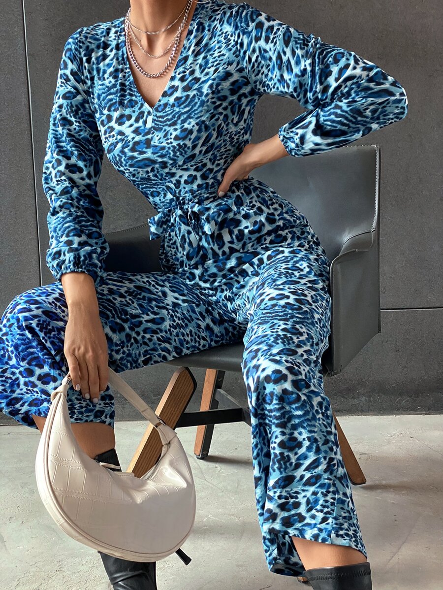 Sleeveless V-Neck Leopard Print Wide Leg Jumpsuit