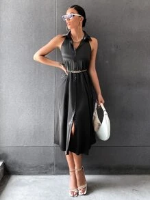 Vestido con botón delantero sin manga sin cinturón - Negro - View 1