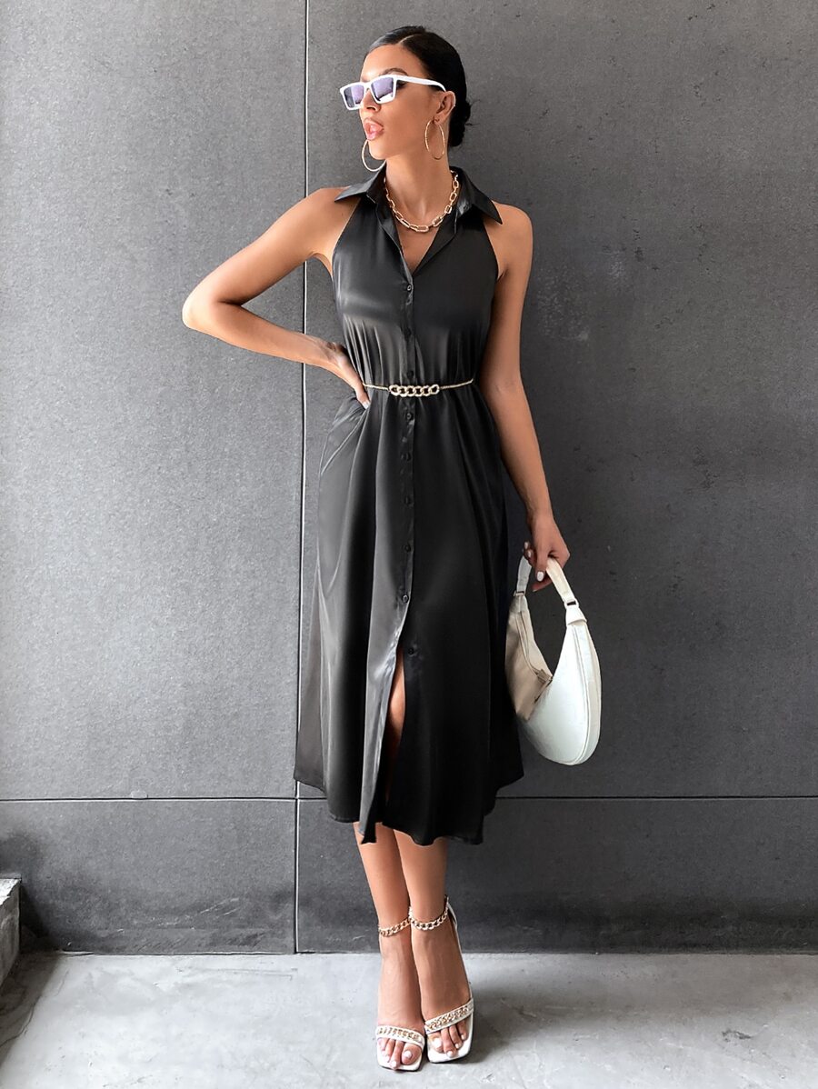 Vestido con botón delantero sin manga sin cinturón - Negro - View 1