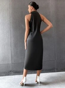 Vestido con botón delantero sin manga sin cinturón - Negro - View 2