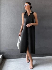 Vestido con botón delantero sin manga sin cinturón - Negro - View 3