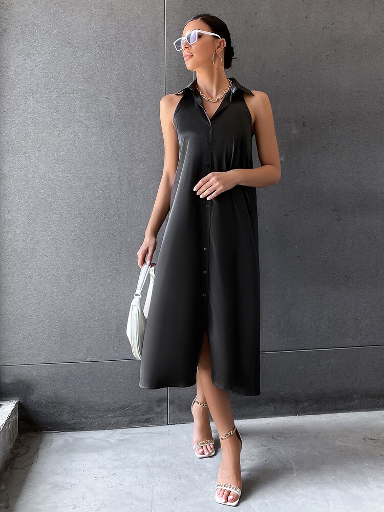 Button Front Sleeveless Dress Without Belt - Black - View 2