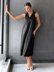 Vestido con botón delantero sin manga sin cinturón - Negro - View 5