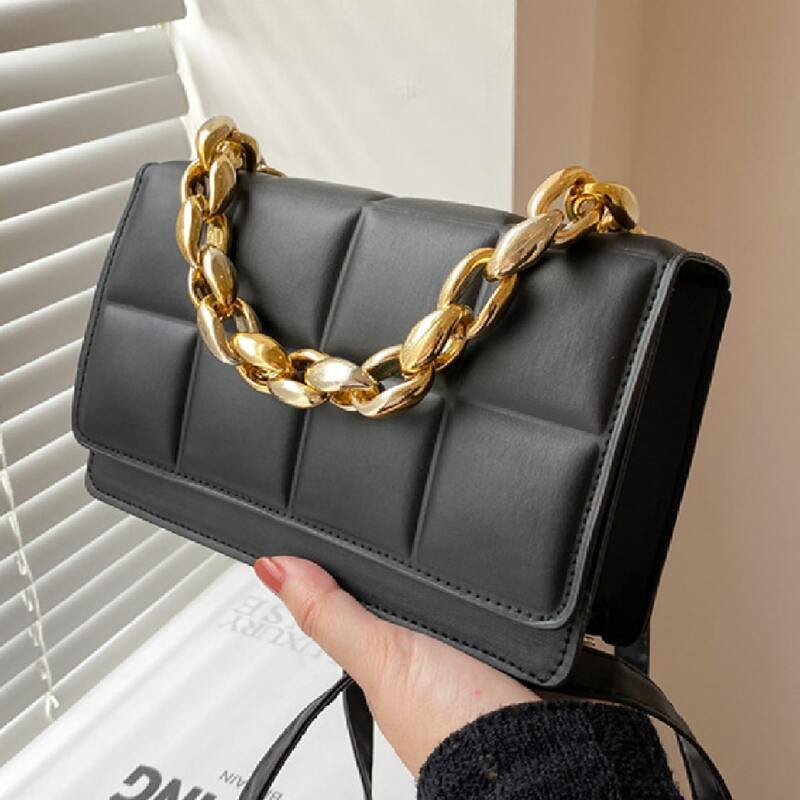 

Chain Handle Flap Satchel Bag, Black