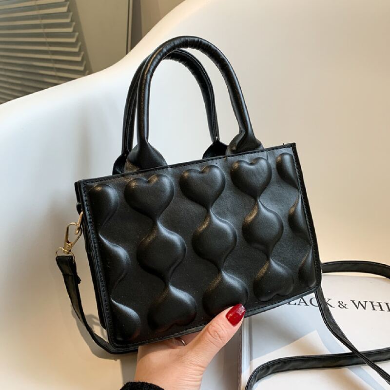

Heart Embossed Satchel Bag, Black