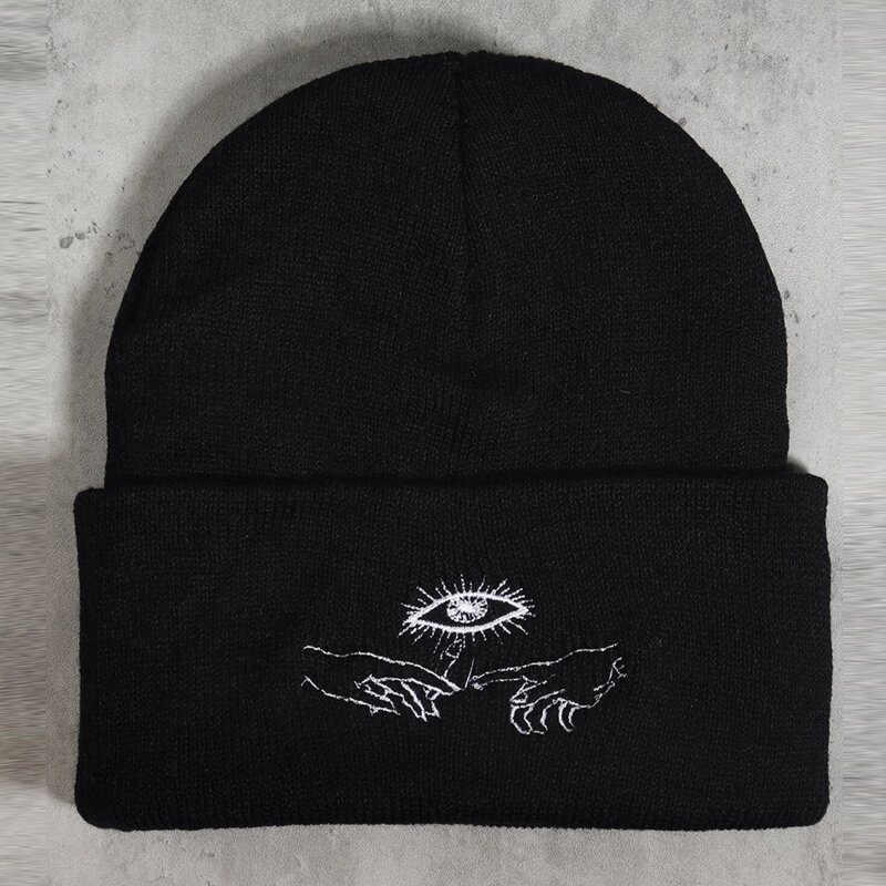

Eye Graphic Embroidery Beanie, Black