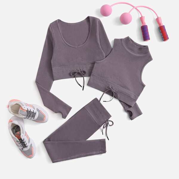 

3pcs Seamless Absorbs Sweat Breathable Softness Sports Set, Mauve purple