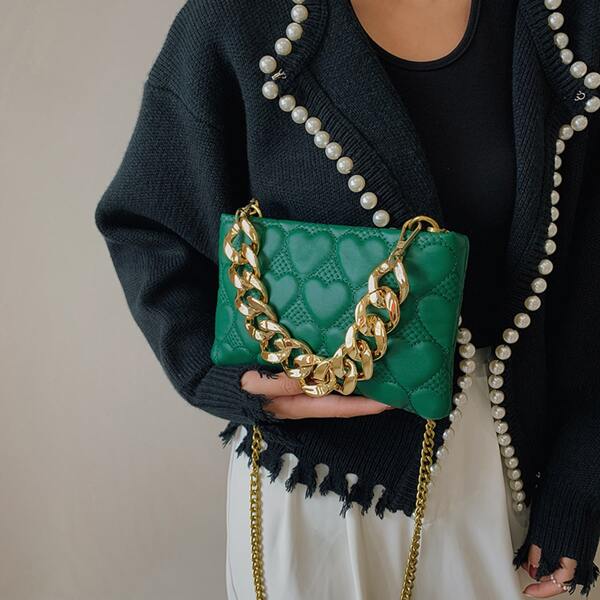 

Solid Quilted Chain Satchel Bag, Green