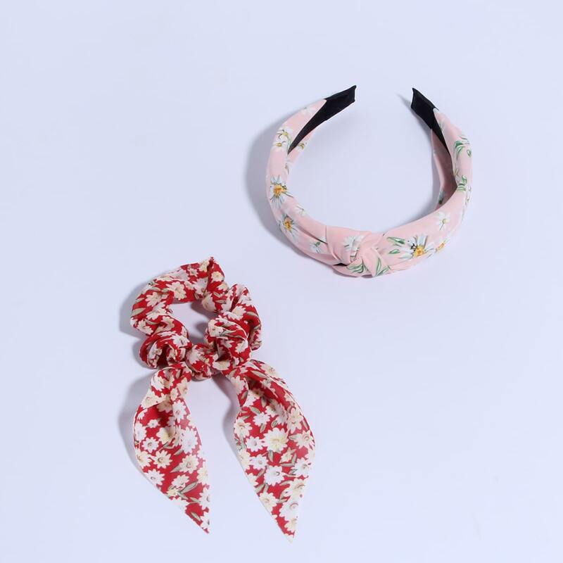 

1pc Flower Graphic Hair Tie & 1pc Headband, Red