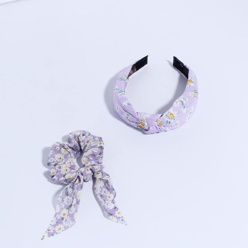

1pc Flower Graphic Hair Tie & 1pc Hair Hoop, Purple
