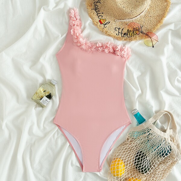

Plain Applique One Shoulder One Piece Swimsuit, Baby pink