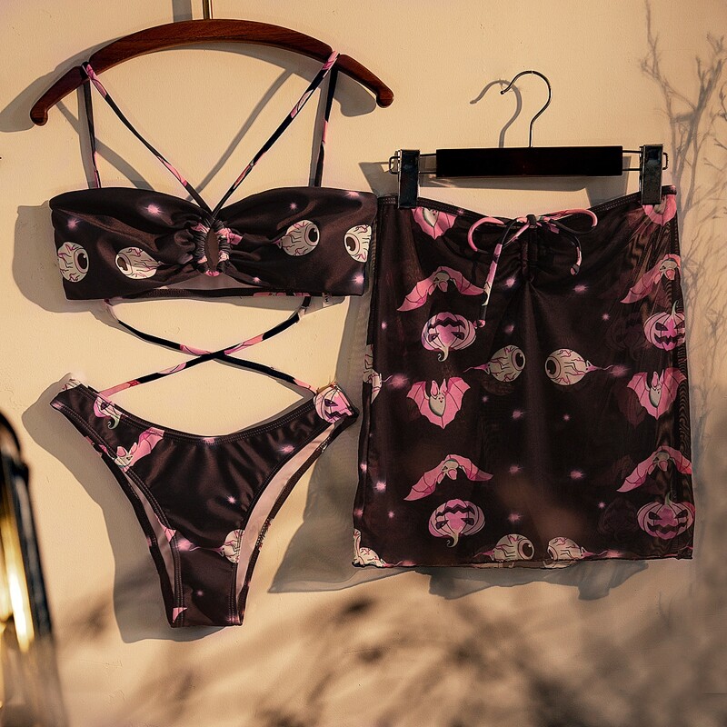 

3pack Halloween Print Criss Cross Halter Bikini Swimsuit & Beach Skirt, Multicolor
