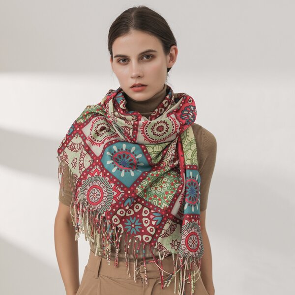 

Fringe Hem Geometric Pattern Scarf, Multicolor