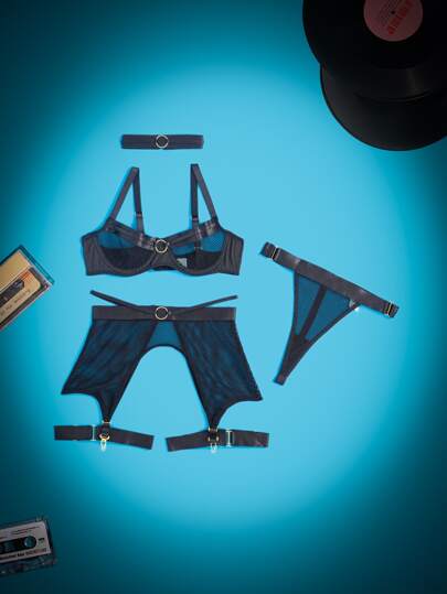 Grunge Punk 4pack Fishnet Garter Lingerie Set With Choker