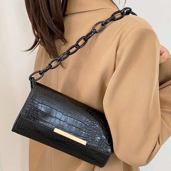 

Minimalist Croc Embossed Chain Shoulder Bag, Black