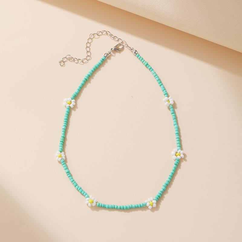 

Floral Beaded Necklace, Teal blue