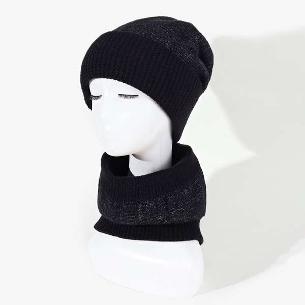 

Simple Knit Hat & Ring Scarf, Black