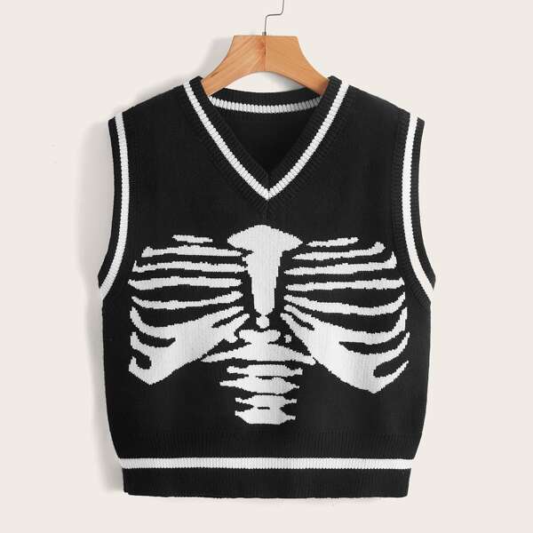 

Skull Pattern Knit Top, Black and white