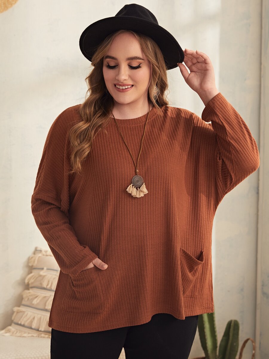 EMERY ROSE Plus Dual Pocket Drop Shoulder Tee - Rust Brown - View 1