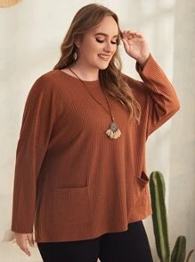 EMERY ROSE Plus Dual Pocket Drop Shoulder Tee - Rust Brown - View 6