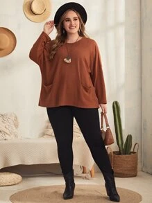 EMERY ROSE Plus Dual Pocket Drop Shoulder Tee - Rust Brown - View 5