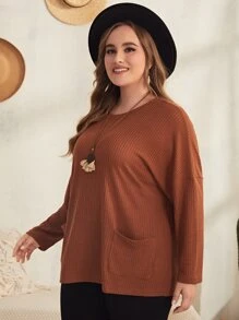 EMERY ROSE Plus Dual Pocket Drop Shoulder Tee - Rust Brown - View 4