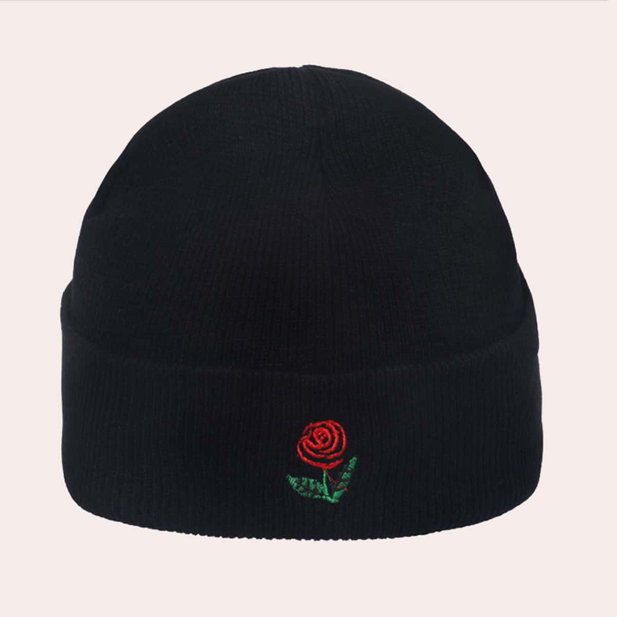 

Flower Embroidery Beanie, Black